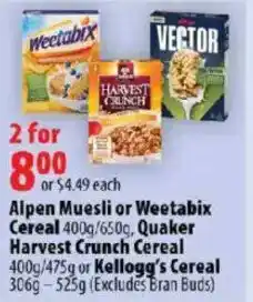 London Drugs Alpen Muesli or Weetabix Cereal, Quaker Harvest Crunch Cereal or Kellogg's Cereal offer