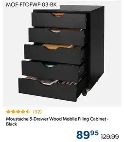 123Ink Moustache 5-Drawer Wood Mobile Filing Cabinet - Black offer