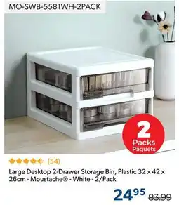 123Ink Large Desktop 2-Drawer Storage Bin, Plastic 32 x 42 x 26cm - Moustache - White - 2/Pack offer