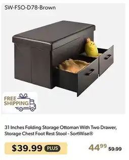 Shopper+ 31 Inches Folding Storage Ottoman With Two Drawer, Storage Chest Foot Rest Stool - SortWise offer