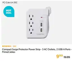 Primecables Compact Surge Protector Power Strip - 3 AC Outlets, 2 USB-A Ports -PrimeCables offer