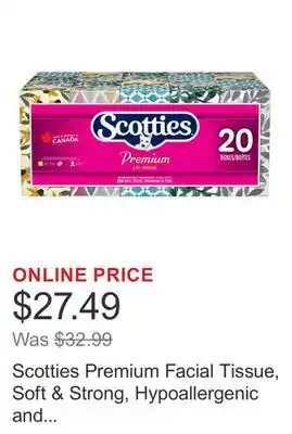 Costco Scotties Premium Facial Tissue, Soft & Strong, Hypoallergenic and Dermatologist Tested, 20-pack offer