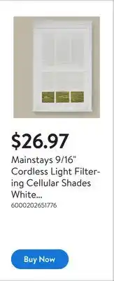 Walmart Mainstays 9/16 Cordless Light Filtering Cellular Shades White 22Wx64L offer