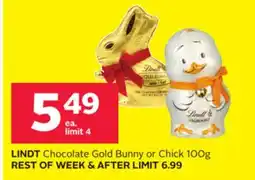 Rexall LINDT Chocolate Gold Bunny or Chick 100g offer