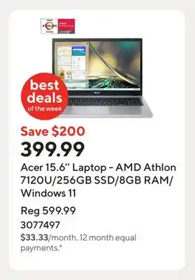 Staples Acer 15.6'' Laptop - AMD Athlon 7120U/256GB SSD/8GB RAM/Windows 11 offer