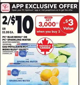 Independent Grocer PC BLUE MENU OR PC SPARKLING WATER, 12X355 ML offer