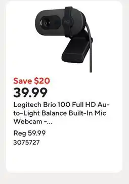 Staples Logitech Brio 100 Full HD Auto-Light Balance Built-In Mic Webcam - Graphite offer