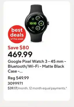 Staples Google Pixel Watch 3 - 45 mm - Bluetooth/Wi-Fi - Matte Black Case - Obsidian Band offer