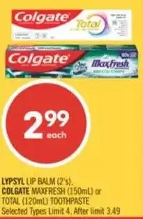 Shoppers Drug Mart Lypsyl lip balm, colgate maxfresh offer