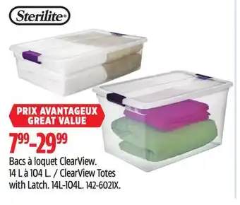 Canadian Tire Sterilite ClearView Totes with Latch 14 L & 104 L offer