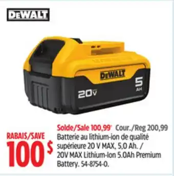 Canadian Tire DEWALT 20V MAX Lithium-Ion 5.0Ah Premium Battery offer