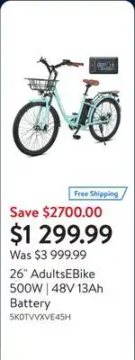 Walmart 26 AdultsEBike 500W | 48V 13Ah Battery offer