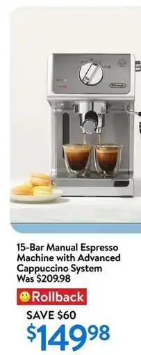 Walmart 15-Bar Manual Espresso Machine with Advanced Cappuccino System offer
