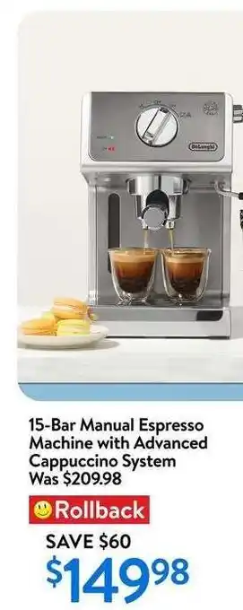 Walmart 15-Bar Manual Espresso Machine with Advanced Cappuccino System offer