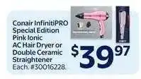 Walmart Conair InfinitiPRO Special Edition Pink Ionic AC Hair Dryer or Double Ceramic Straightener offer