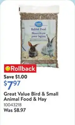 Walmart Great Value Bird & Small Animal Food & Hay offer