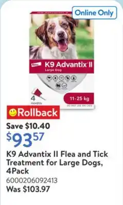 Walmart K9 Advantix II Flea and Tick Treatment for Large Dogs, 4Pack offer