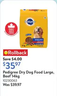 Walmart Pedigree Dry Dog Food Large, Beef 14kg offer