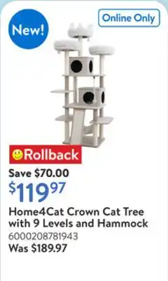 Walmart Home4Cat Crown Cat Tree with 9 Levels and Hammock offer
