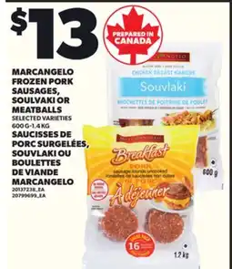 Independent City Market MARCANGELO FROZEN PORK SAUSAGES, SOULVAKI OR MEATBALLS, 600 G-1.4 KG offer