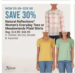 Cabela's Natural Reflections Women's Everyday Tees or Meadowlands Plaid Shirts offer