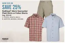 Cabela's RedHead Men's Seersucker Plaid Shirts or Fulton Shorts offer