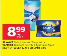 Rexall ALWAYS Pads, Liners or Tampons or TAMPAX Tampons offer