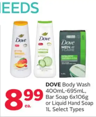 Rexall DOVE Body Wash 400mL-695mL, Bar Soap 6x106g or Liquid Hand Soap 1L offer