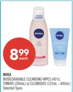 Shoppers Drug Mart NIVEA BIODEGRADABLE CLEANSING WIPES (40's), TONERS (200mL) or CLEANSERS (125mL - 400mL) offer