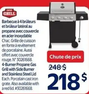 Walmart 4-burner propane gas grill with side burner and stainless steel lid offer