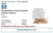Costco Golden Maple frozen breaded chicken burgers offer