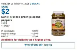Costco Daniel's sliced green jalapeño peppers offer