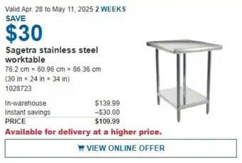 Costco Sagetra stainless steel worktable offer