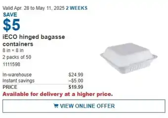 Costco iECO hinged bagasse containers offer