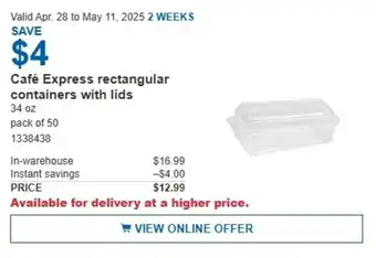 Costco Café Express rectangular containers with lids offer