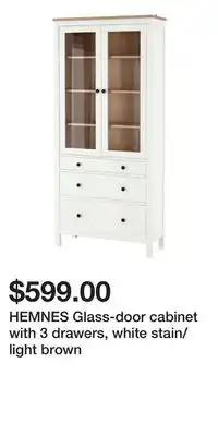 IKEA HEMNES Glass-door cabinet with 3 drawers, white stain/light brown offer