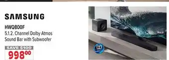 2001 Audio Video HWQ800F 5.1. 2. Channel Dolby Atmos Sound Bar with Subwoofer offer