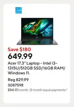 Staples Acer 17.3 Laptop - Intel i3-1315U/512GB SSD/16GB RAM/Windows 11 offer