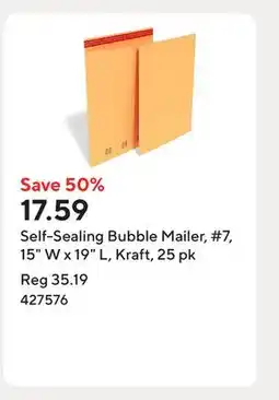 Staples Self-Sealing Bubble Mailer, #7, 15 W x 19 L, Kraft, 25 pk offer