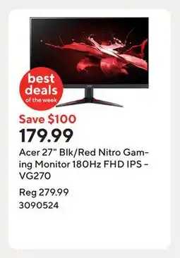 Staples Acer 27 Blk/Red Nitro Gaming Monitor 180Hz FHD IPS - VG270 offer