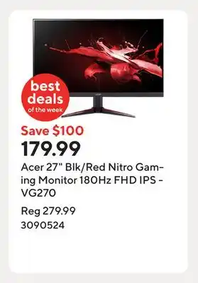 Staples Acer 27 Blk/Red Nitro Gaming Monitor 180Hz FHD IPS - VG270 offer