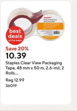 Staples Staples Clear View Packaging Tape, 48 mm x 50 m, 2.6-mil, 2 Rolls with Dispenser offer