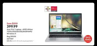 Staples Acer 15.6'' Laptop - AMD Athlon 7120U/256GB SSD/8GB RAM/Windows 11 offer