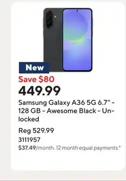 Staples Samsung Galaxy A36 5G 6.7 - 128 GB - Awesome Black - Unlocked offer