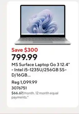 Staples MS Surface Laptop Go 3 12.4 - Intel i5-1235U/256GB SSD/16GB RAM/Touchscreen/Windows 11 Home/Platinum offer