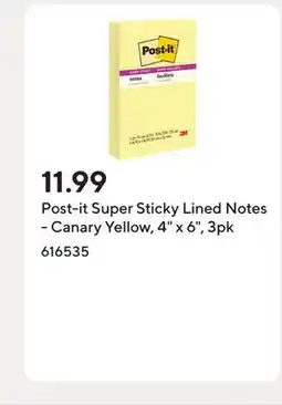 Staples Post-it Super Sticky Lined Notes - Canary Yellow, 4 x 6, 3pk offer