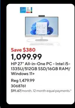 Staples HP 27 All-in-One PC - Intel i5-1335U/512GB SSD/16GB RAM/Windows 11+ offer