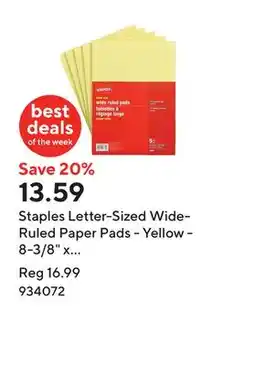Staples Staples Letter-Sized Wide-Ruled Paper Pads - Yellow - 8-3/8 x 10-7/8 - 80 Sheets - 5 pk offer
