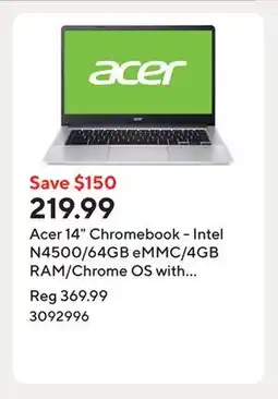 Staples Acer 14 Chromebook - Intel N4500/64GB eMMC/4GB RAM/Chrome OS with 3 months of Gemini Advanced offer