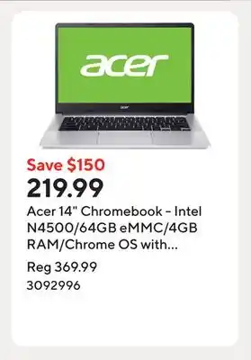 Staples Acer 14 Chromebook - Intel N4500/64GB eMMC/4GB RAM/Chrome OS with 3 months of Gemini Advanced offer